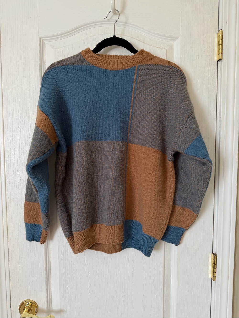 Aelfric Eden Mens Small Colorblock Crewneck Sweater Blue Brown Gray Knit
